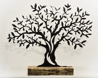 Olive tree, steel, reclaimed wood, upcycling, decoration