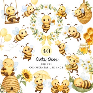 Niedliche Bienen-Aquarell-Cliparts, PNG-Grafiken für den ersten Bienentag, Geburtstagsfeier, Babyparty- oder Kinderzimmerdekoration, Hummel, Honigbiene, Frühlingsblumen, Honig