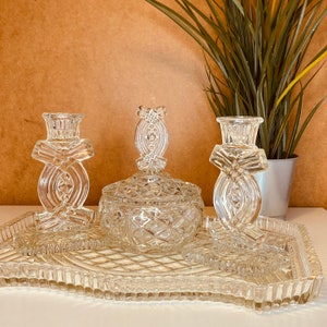 Retro Vintage Art Deco Glass Vanity Trinket Set