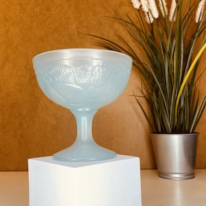 Retro Vintage Light Blue Glass Stemmed Bowl BonBon Dish Embossed Fruit Design Arcoroc France *Rare*