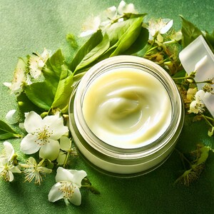 Puede incluir: Un tarro de crema de color amarillo claro, rodeado de flores blancas y hojas verdes, se encuentra sobre una superficie verde. La tapa del tarro está parcialmente abierta. La crema tiene una textura suave y arremolinada.