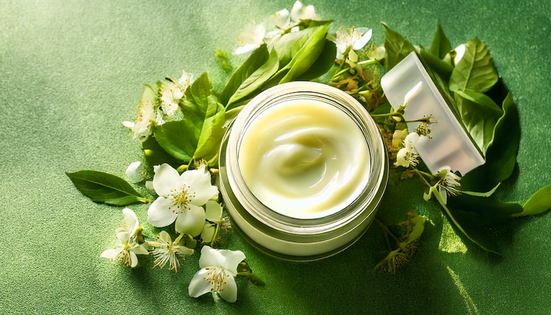 May include: A jar of cream with a pale yellow colour, surrounded by white flowers and green leaves, sits on a green surface. The jar's lid is partially open. The cream has a smooth, swirled texture.