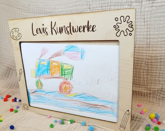 Bilderrahmen Kinderkunstwerke mit Aufbewahrungsfach A4 Kinderzeichnungen selbstgemalte Bilder sammeln personalisiert, Wunschmotiv, Dinomotiv