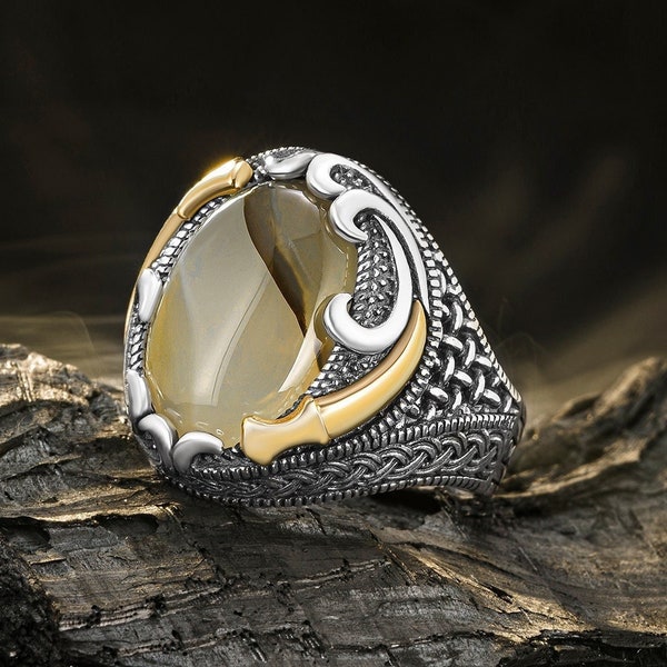 Natural Yemeni Agate Men Ring | Yemeni White Aqeeq Silver Ring | Real Aqeeq Ring for Men | Cool Men Ring