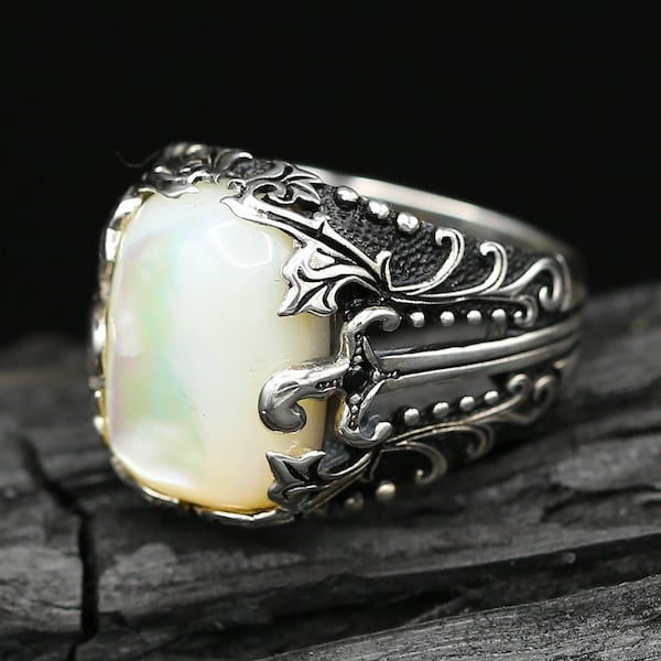 Mother of Pearl Ring Men | Mother of Pearl Signet Ring | Sword and Leaf Pattern Silver Ring | Casual Ring Men