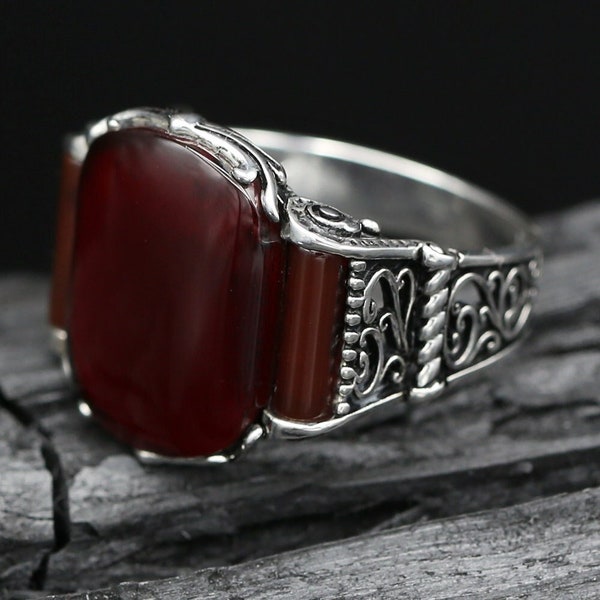 Red Agate Ring Men | Red Aqeeq Ring | Red Agate Gemstone Ring