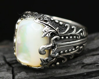 Mother of Pearl Ring Men | Mother of Pearl Signet Ring | Sword and Leaf Pattern Silver Ring | Casual Ring Men