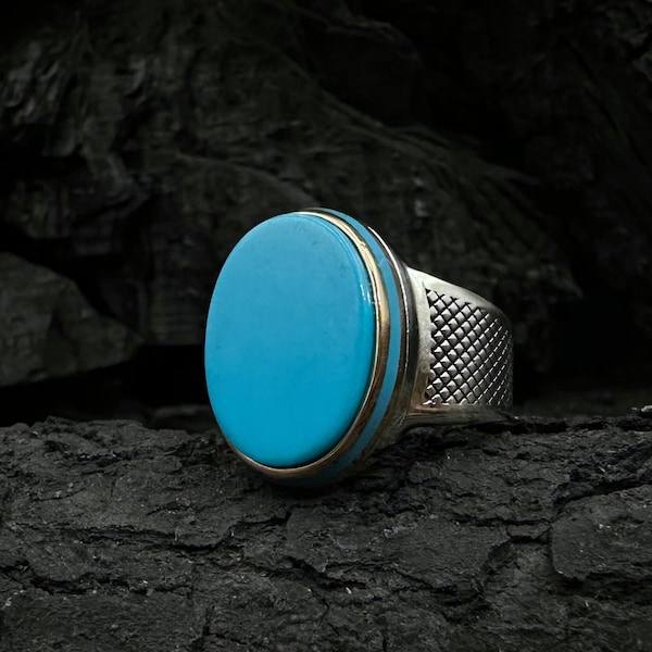 Oval Turquoise Gemstone Ring for Men | Simple Turquoise Silver Ring | Everyday Silver Ring | Handmade Simple Silver Ring