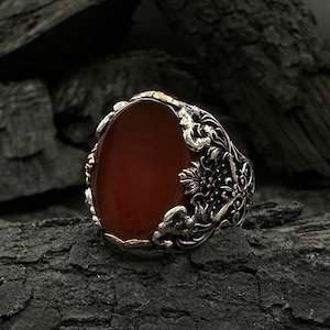 Red Agate Handmade Silver Ring for Men | Red Agate Signet Ring | Unique Mens Ring | Oval Stone Ring