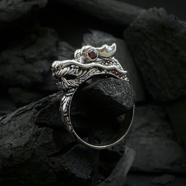 Silver Dragon Ouroboros Ring | Silver Dragon Head Ring | Silver Dragon Wrap Ring | Mythical Creature Jewelry | Red Zircon Gemstone