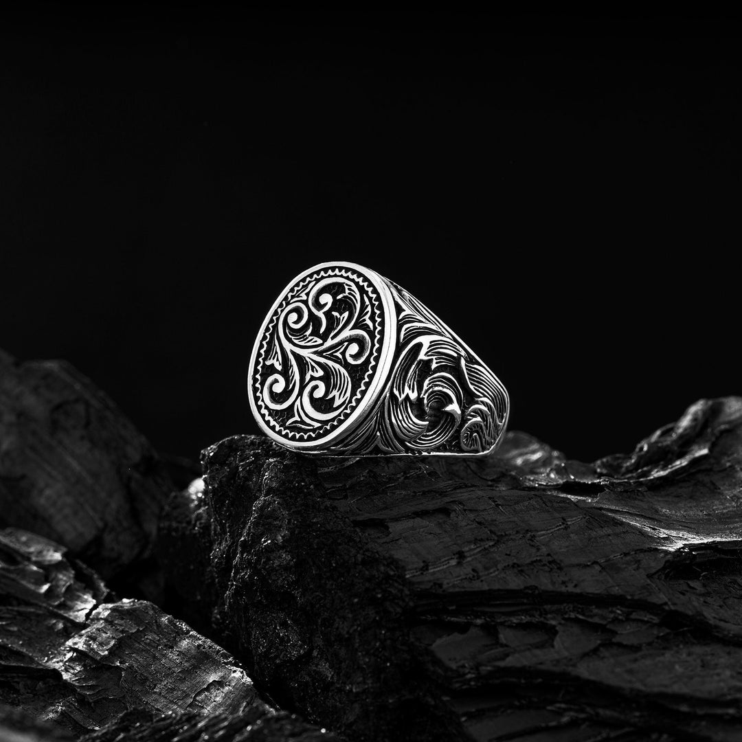 Symbolic Ring for Men Floral Motif Ring Masculine Ring Etsy