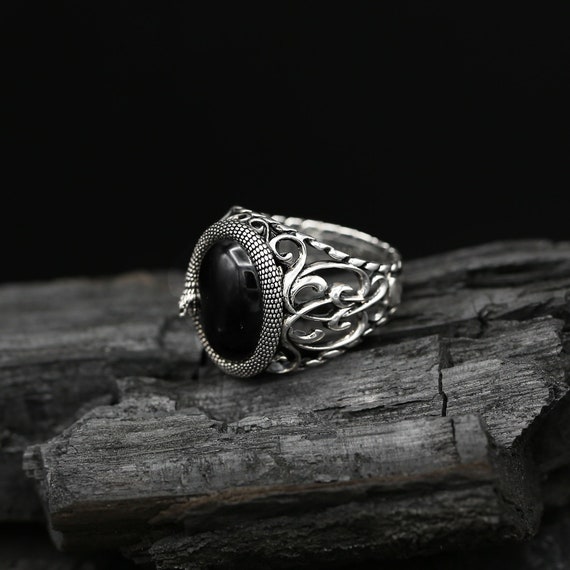 Onyx Snake Ring Men Vintage Silver Rings Gemstone Onyx Signet Ring