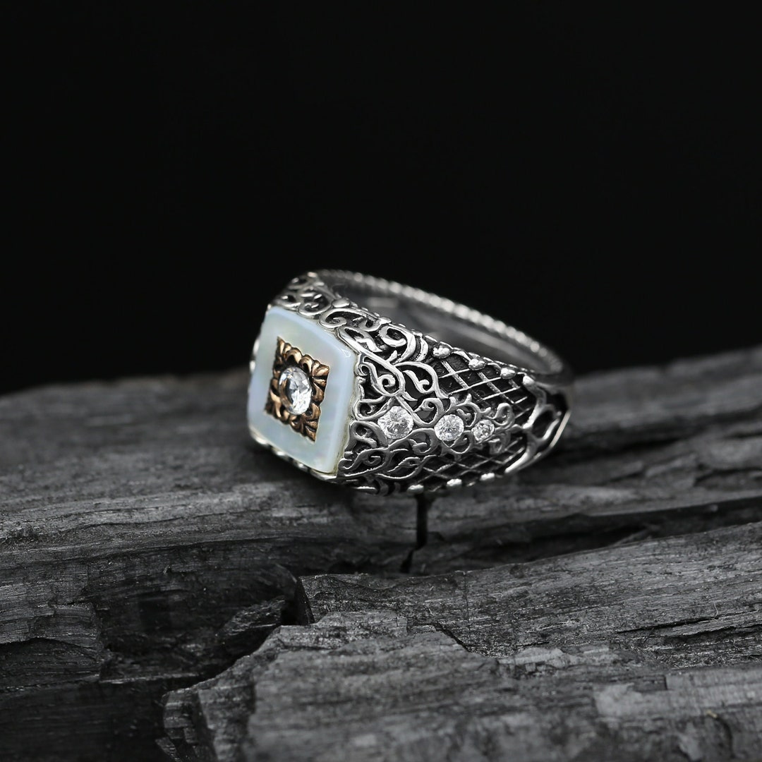 Mother of Pearl Ring Men Mother of Pearl and White Zircon Etsy