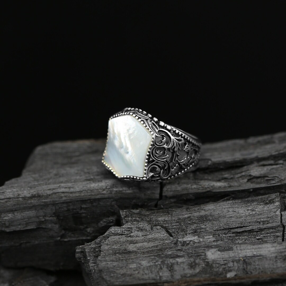 Mother of Pearl Ring Men Mother of Pearl With Leaf Band Ring Casual Ring Men Exclusive Design