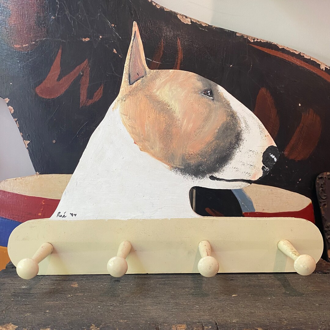 Curated visual reference: Terrier Coat Rake Reference: Vintage 1994 Hand Painted Bull Terrier Dog Wood Coat Key