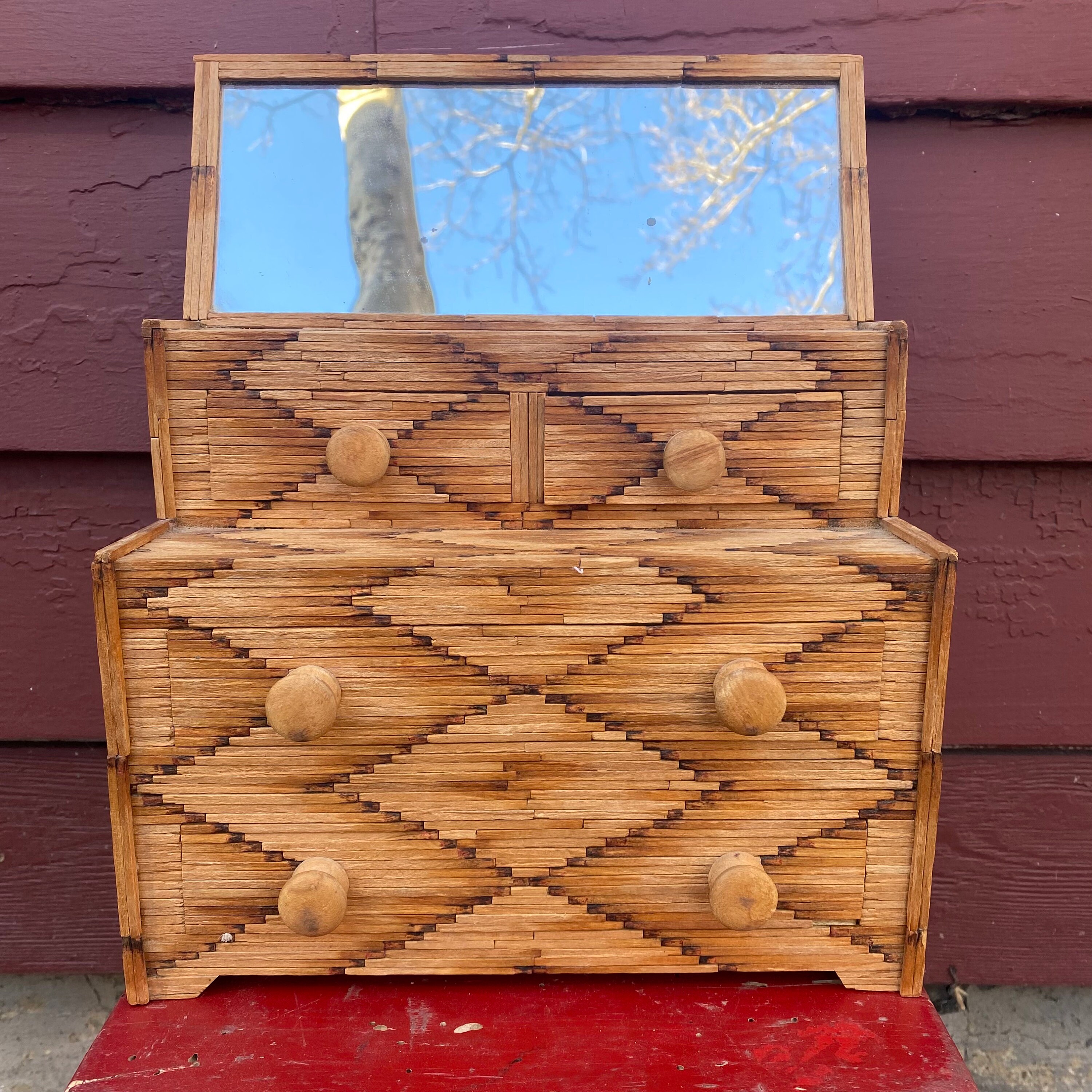 Vintage Tramp Art Matchstick Jewelry Keepsake Box Dresser With Mirror ...