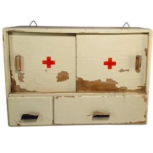 Vintage First Aid Emergency Wooden Box with Hanging Rings Antique Handmade 1960s