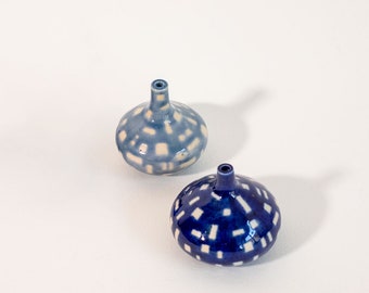 Small Blue Bud Vase with Geometric Elements - Urban Sky Echoes collection - handmade ceramic vase