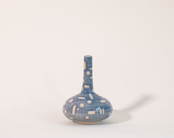 Opal Blue Long Neck Bud Vase with Small Geometric Elements - Urban Sky Echoes collection - handmade ceramic vase