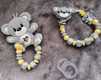 Clip per ciuccio, clip per ciuccio, regalo per bambini, nascita, personalizzazione del nome, silicone, legno, produzione francese, orsacchiotto, sonaglino