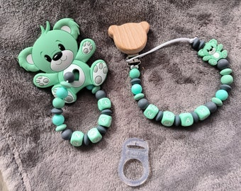 Pacifier clip, pacifier clip, baby gift, birth, first name personalization, silicone, wood, French manufacturing, teddy bear, rattle