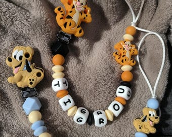 Personalized pacifier clip Tigger, Pluto, pacifier clip, baby birth gift, personalized first name, pacifer clip, schnulerclip