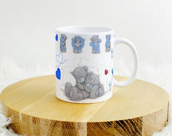 Tasse personnalisée avec prénom, nounours teddy, cadeau mug anniversaire, birthday, St valentin, happy valentine love, amitié, couple, amour