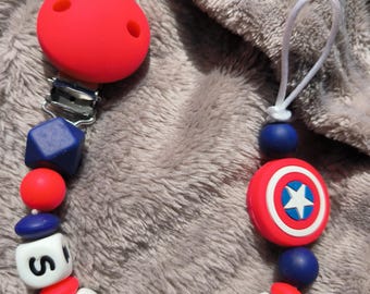 personalized avenger pacifier clip baby name, pacifier clip baby birth gift, silicone pearl, new parent gift