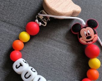 Baby gift, birth gift, baby first name personalization, pacifier clip, pacifier clip, silicone bead, Mickey