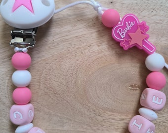 Fopspeenclip, fopspeenclip, babycadeau, geboorte, personalisatie van de babynaam, siliconen kraal, hout, Franse productie, Barbie