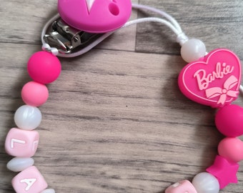 Attache tétine sucette personnalisée, cadeau bébé naissance personnalisation prénom bébé, perle silicone bois, fabrication française, Barbie