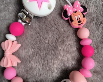 Regalo de bebé, regalo de nacimiento, personalización del nombre del bebé, clip de chupete, clip de chupete, cuenta de silicona, Minnie