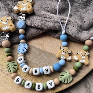 Baby Simbaa lion pacifier clip, personalized name, personalized lion pacifier clip, birth gift, silicone wooden bead,
