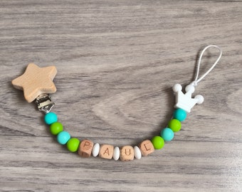 Baby gift, birth gift, baby first name personalization, pacifier clip, pacifier clip, silicone bead, wooden letter