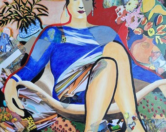 Collage de pintura acrílica Reina del Caos Mujer en sillón