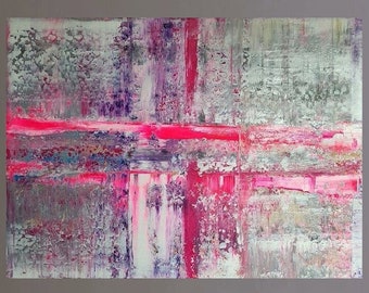 Acrylic Painting Abstract Squeegee Technique Pink/Violet/White/Silver