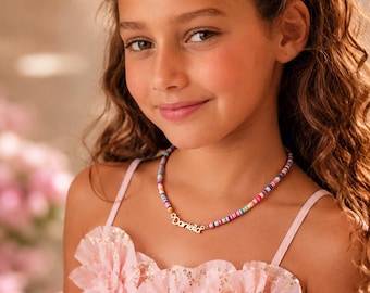 Personalized Girls Name Necklace, Gold Filled Bead Necklace, Flower Girl Gift