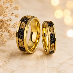 Meteorite Tungsten Ring with Gold Foil | Wedding Band for Men Women, Couple Anniversary Gift