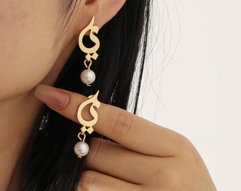 Custom Arabic Initial Pearl Earrings: 18K Gold Sterling Silver