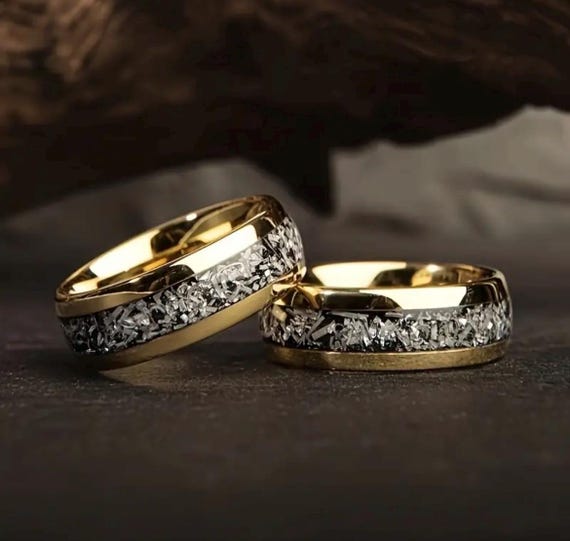 Meteorite Tungsten Wedding Band: Crushed Gold & Silver Leaf Ring (8mm)