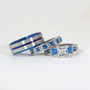Luxury Tungsten Wedding Ring Set, Silver Blue His and Hers Bands, Scratch-Resistant Couples Rings, Elegant Engagement & Anniversary Jewelry