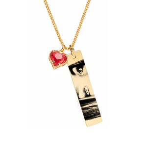 Gold Engraved eye pendant necklace with heart charm in various chain lengths (14"-22"), designed as a meaningful keepsake for couples, perfect as a personalized Christmas gift.