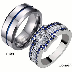 Luxury Tungsten Wedding Ring Set, Silver Blue His and Hers Bands, Scratch-Resistant Couples Rings, Elegant Engagement & Anniversary Jewelry