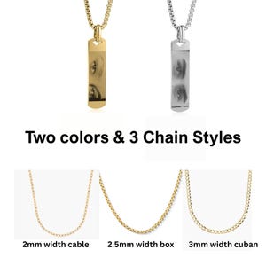 May include: Two rectangular pendant necklaces in gold and silver tones, each featuring an engraved eye design. The text Two colors & 3 Chain Styles is displayed above three chain options: a 2mm width cable, 2.5mm width box, and 3mm width cuban.