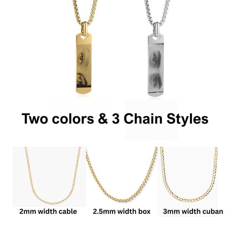 May include: Two rectangular pendant necklaces in gold and silver tones, each featuring an engraved eye design. The text Two colors & 3 Chain Styles is displayed above three chain options: a 2mm width cable, 2.5mm width box, and 3mm width cuban.