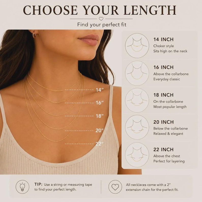 May include: A necklace length guide featuring five gold chains layered on a neck, labeled 14, 16, 18, 20, and 22 inches. The graphic includes text: CHOOSE YOUR LENGTH, Find your perfect fit, and descriptions for each length, plus a tip to use a string or measuring tape.