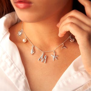 Personalized Seashell Charm Necklace with Initial Bubble & Starfish, Coastal Summer Jewelry, Nautical Boho-Chic Waterproof Beach jewelry