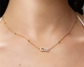 Pearl Initial Necklace: Dainty Gold Beaded Sterling Silver Letter Pendant