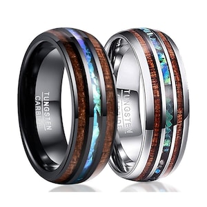 Anello di tungsteno di lusso con intarsi in legno di koa hawaiano in opale blu, fede nuziale in oro nero da 8 mm per uomo e donna, anello di fidanzamento esclusivo di alta qualità