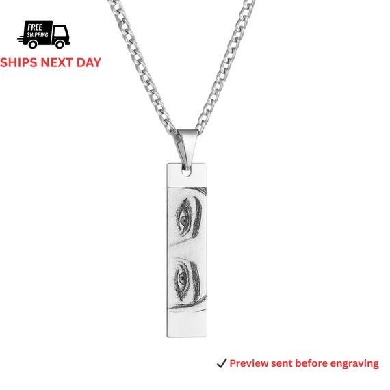 Personalized Eye Photo Necklace, Custom Engraved Jewelry with Picture, Memorial Keepsake Bar Pendant, Couples or Loved Ones Gifts